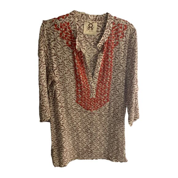figue Dresses & Skirts - FIGUE 3/4 Sleeve Brown Leaf and Orange Beaded tunic top flaw large